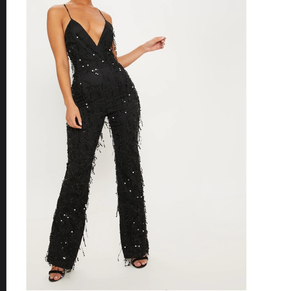 Black Sequin Plunge Satin Waist Jumpsuit